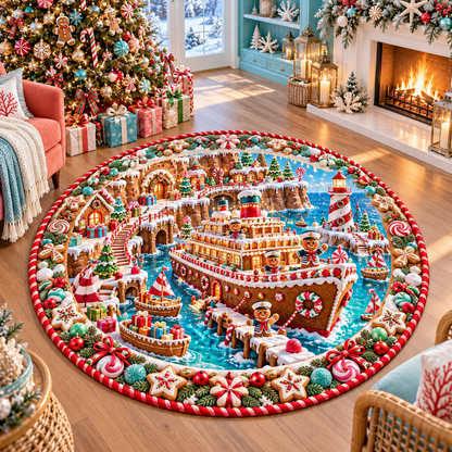 3D Gingerbread Candy Ship Harbor Christmas Quilted Round Rug