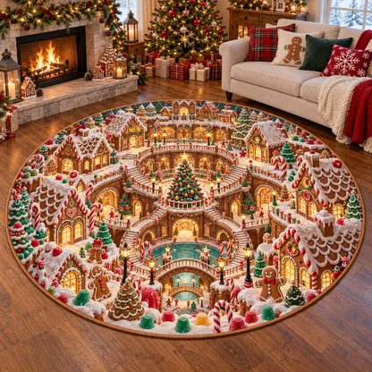3D Gingerbread Village Town Christmas Quilted Round Rug