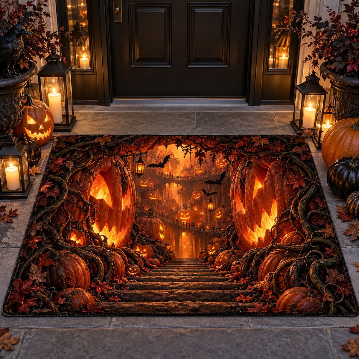 3D Glowing Jack O Lantern Pumpkin Halloween Gate Doormat Floor Mat