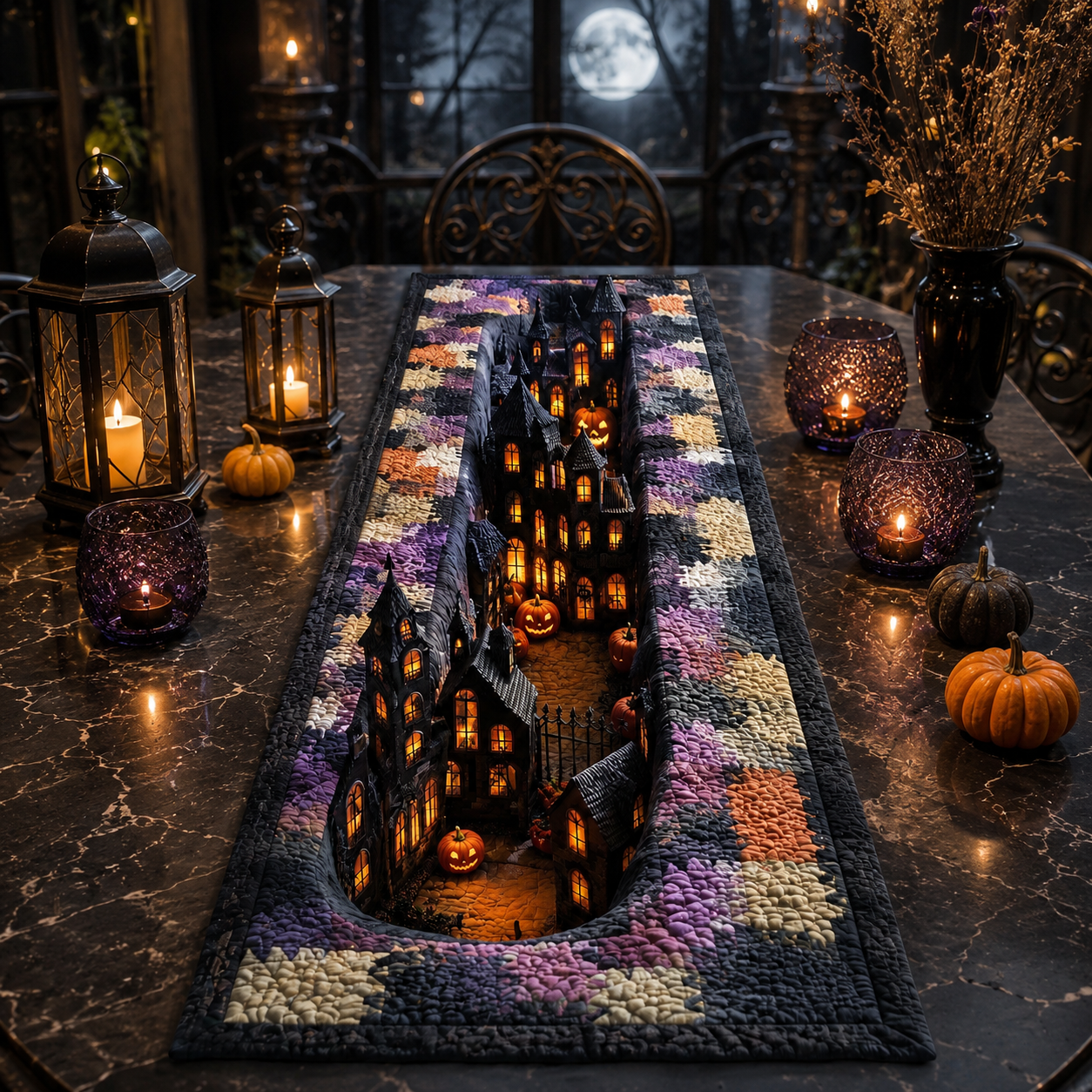 3D Gothic Haunted Village Purple Halloween Quilted Table Runner