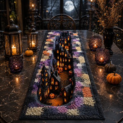 3D Gothic Haunted Village Purple Halloween Quilted Table Runner