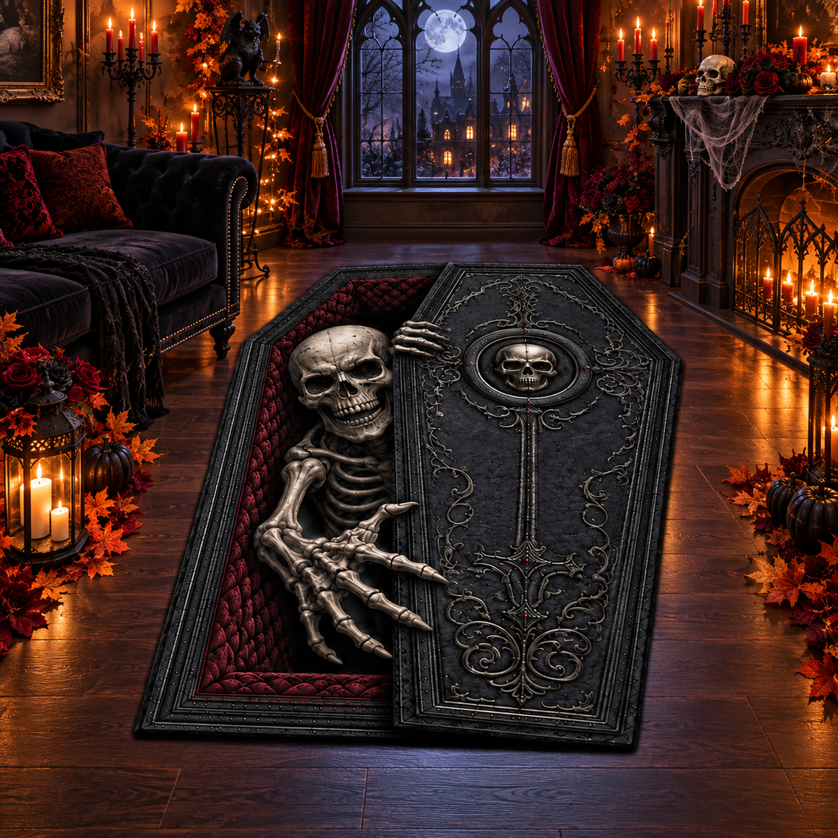 3D Gothic Skeleton Coffin Halloween Area Rug