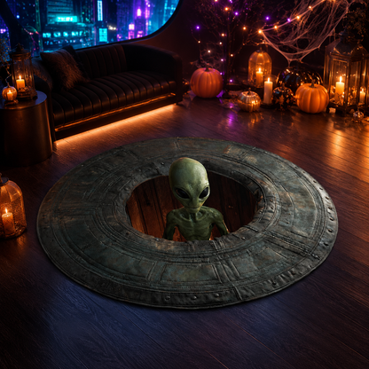 3D Green Alien Pit Hole Optical Illusion Halloween Quilt Round Rug