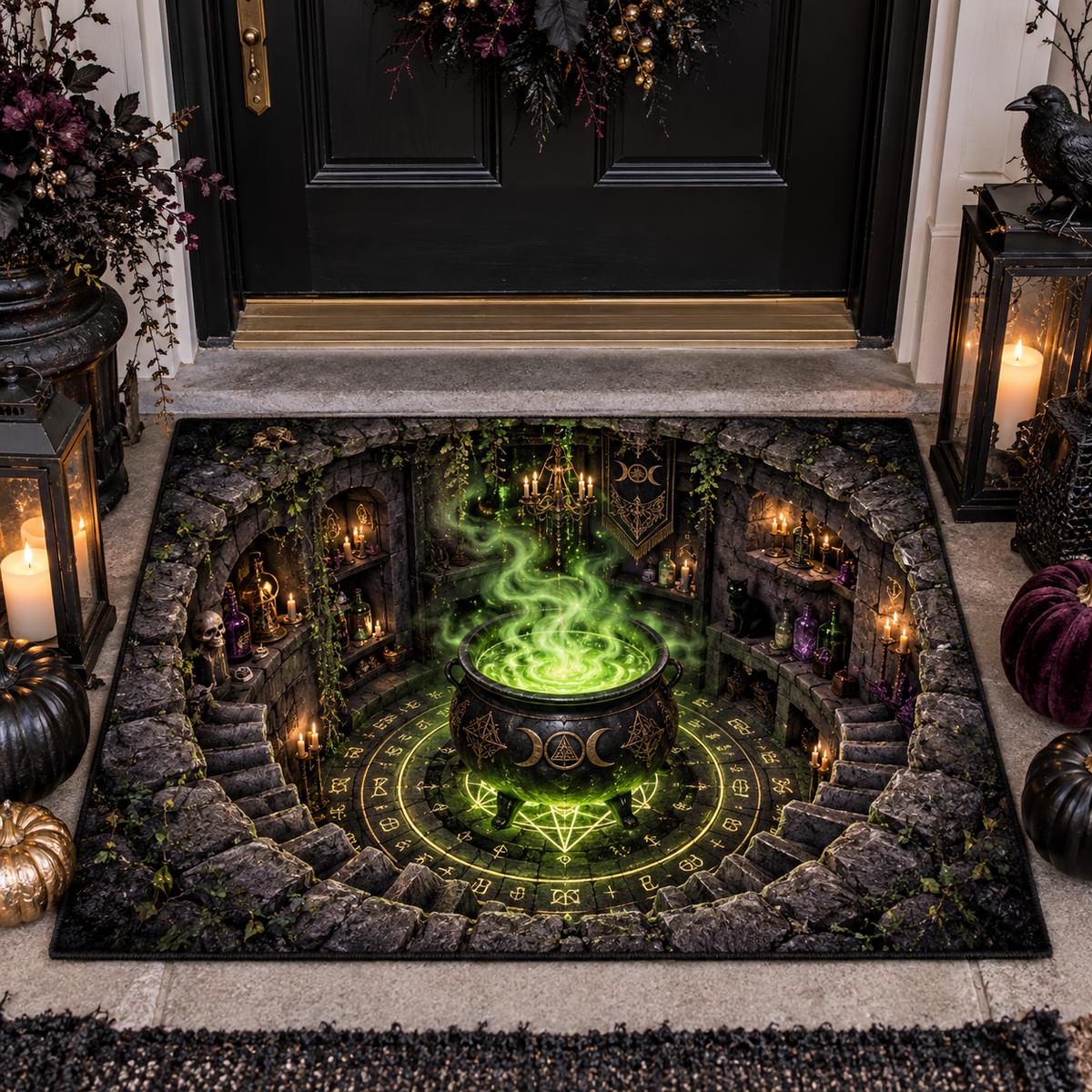 3D Green Glowing Witch Potion Cauldron Halloween Gate Doormat Outdoor Mat