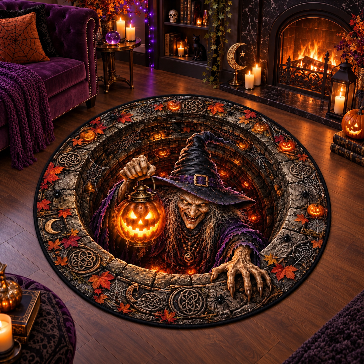 3D Halloween Witch Illusion Round Halloween Rug