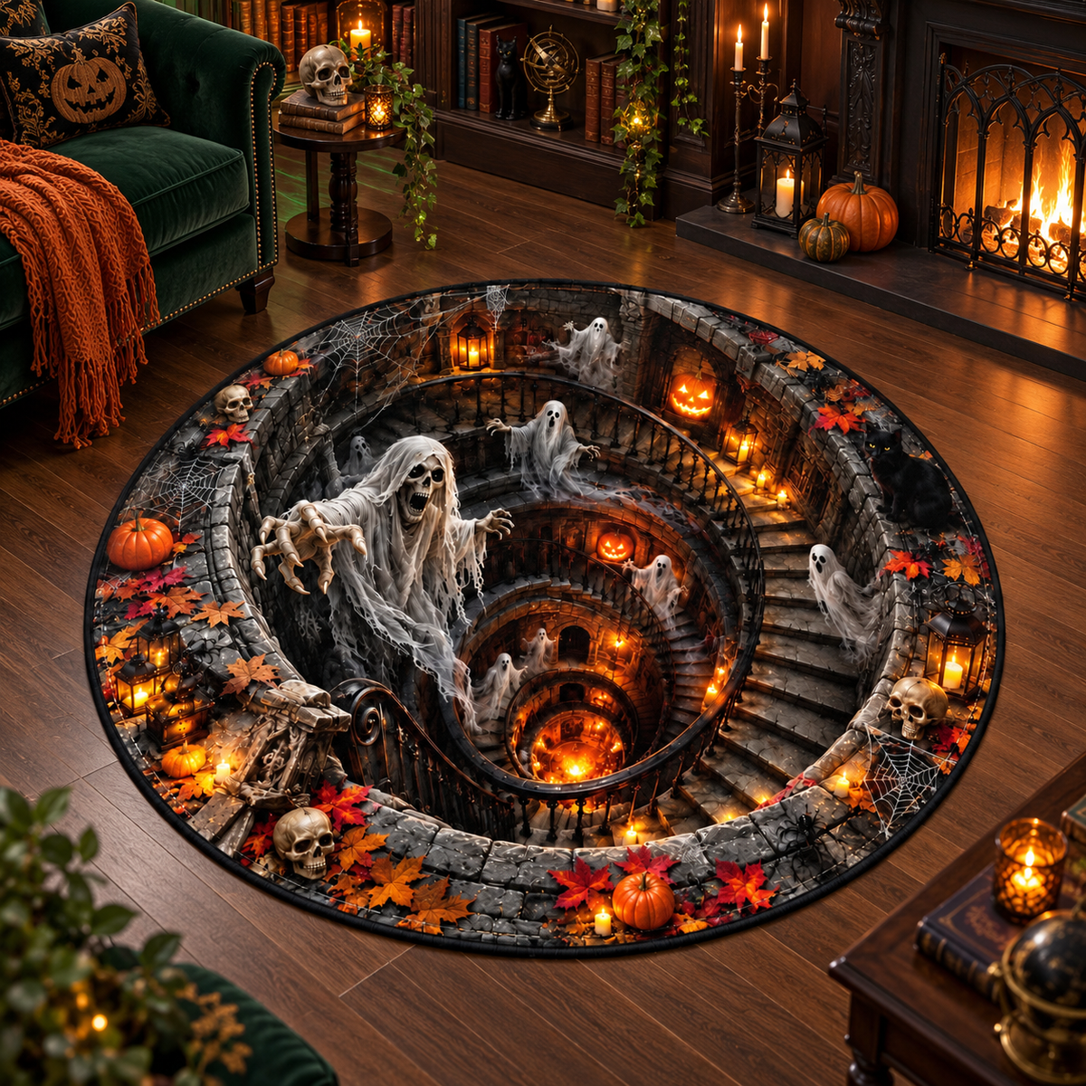 3D Haunted Spiral Staircase Round Halloween Rug