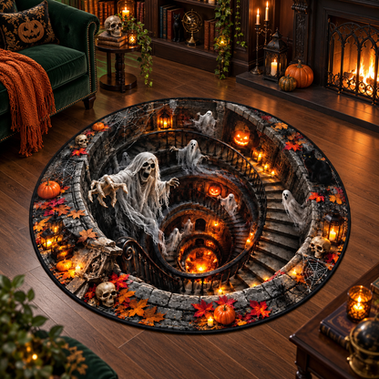 3D Haunted Spiral Staircase Round Halloween Rug