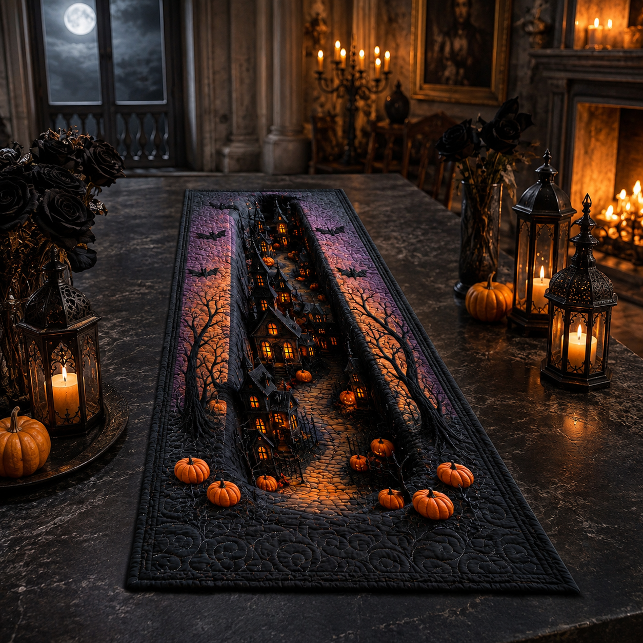 3D Haunted Village Spooky Night Halloween Quilted Table Runner