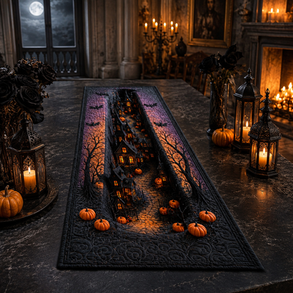 3D Haunted Village Spooky Night Halloween Quilted Table Runner