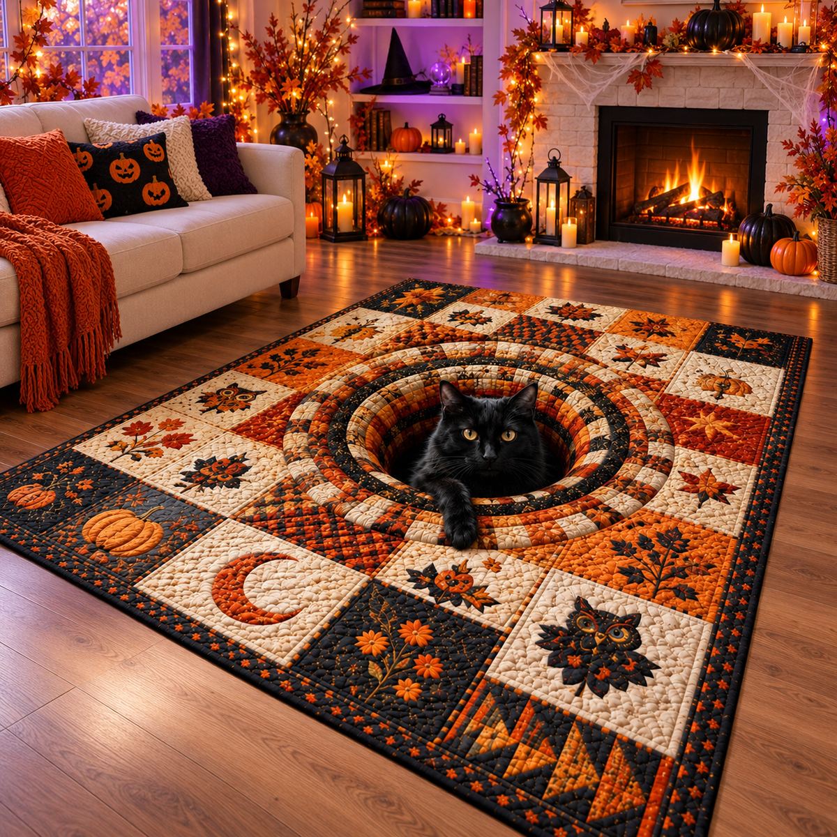 3D Hole Black Cat Halloween Area Rug