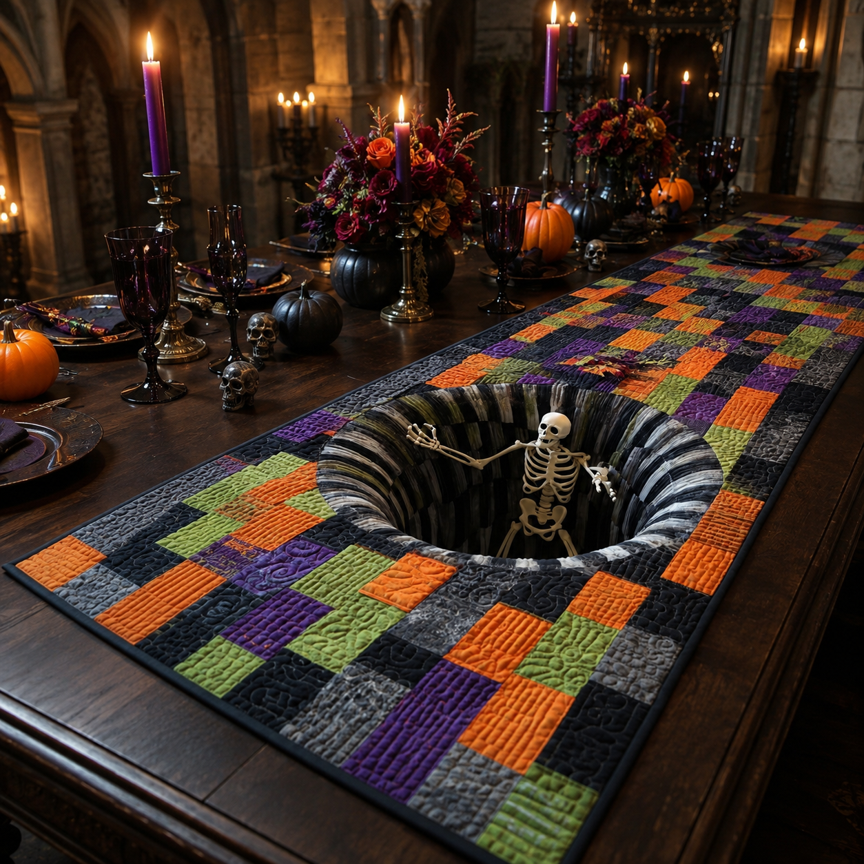 3D Illusion Skeleton Hole Colorful Patchwork Halloween Quilted Table Runner