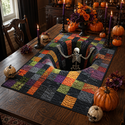 3D Illusion Skeleton Hole Patchwork Halloween Quilted Table Runner