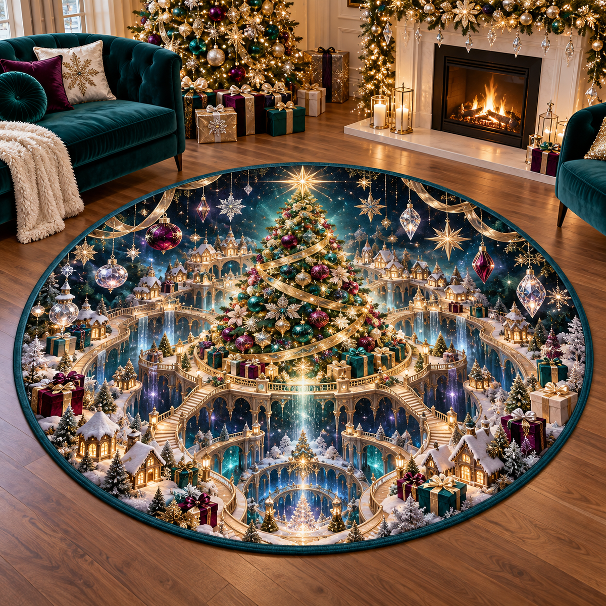 3D Magical Christmas Tree Realm Village Quilted Round Rug