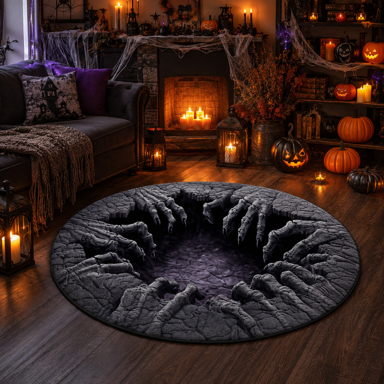 3D Monster Hands Hole Optical Illusion Halloween Quilt Round Rug