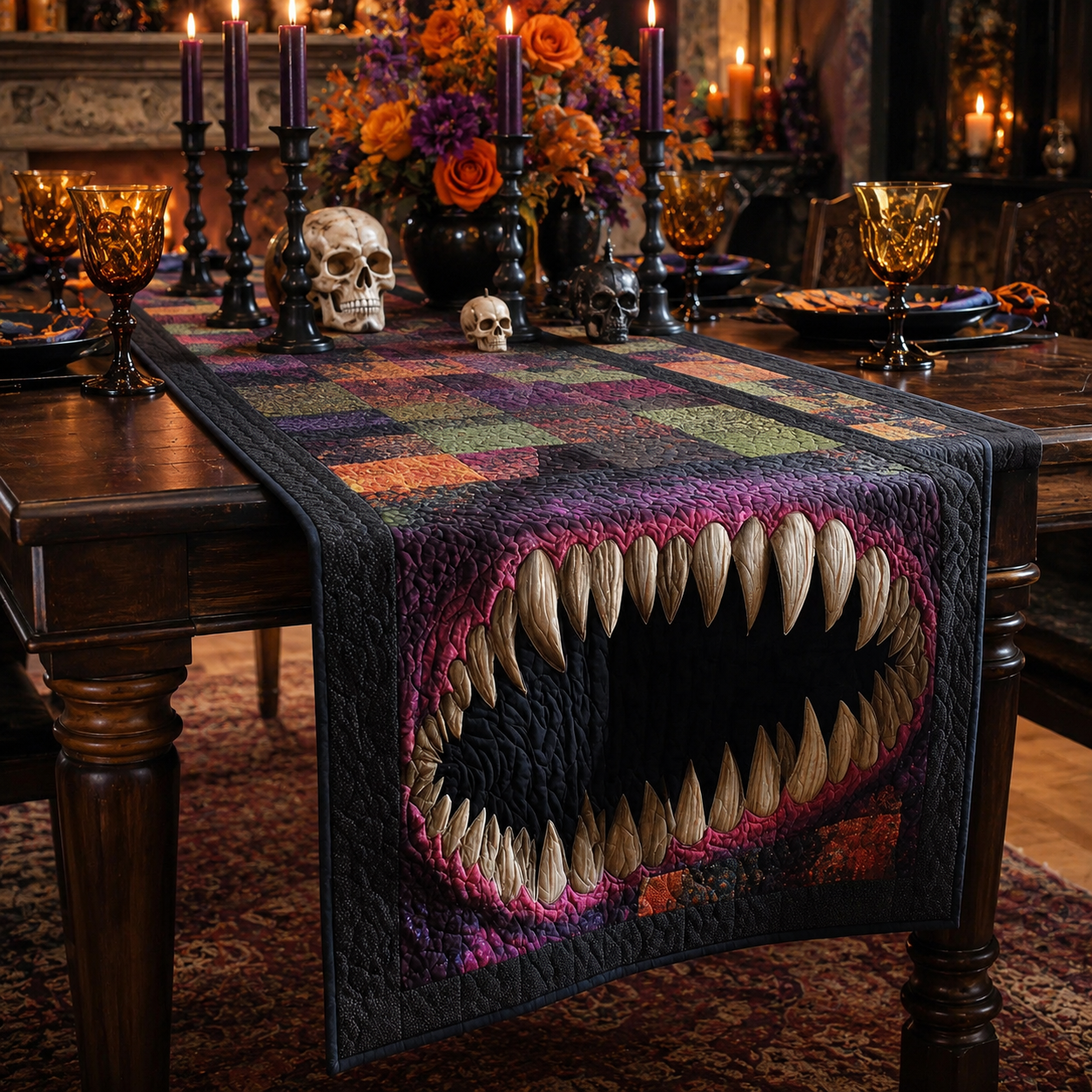 3D Monster Mouth Sharp Teeth Halloween Quilted Table Runner