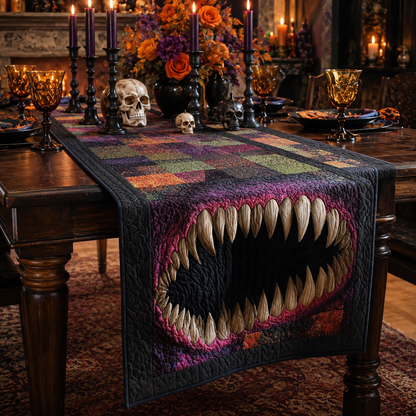 3D Monster Mouth Sharp Teeth Halloween Quilted Table Runner