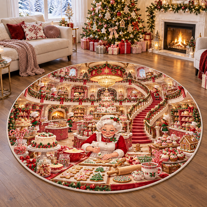 3D Mrs Claus Bakery Kitchen Sweets Christmas Quilted Round Rug
