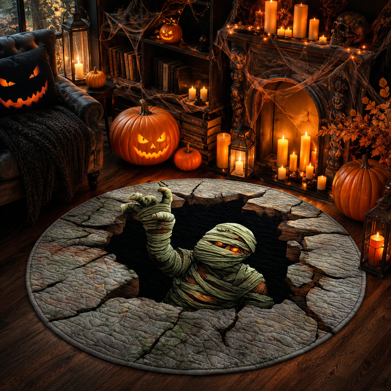 3D Mummy Reaching Hole Halloween Quilt Round Rug