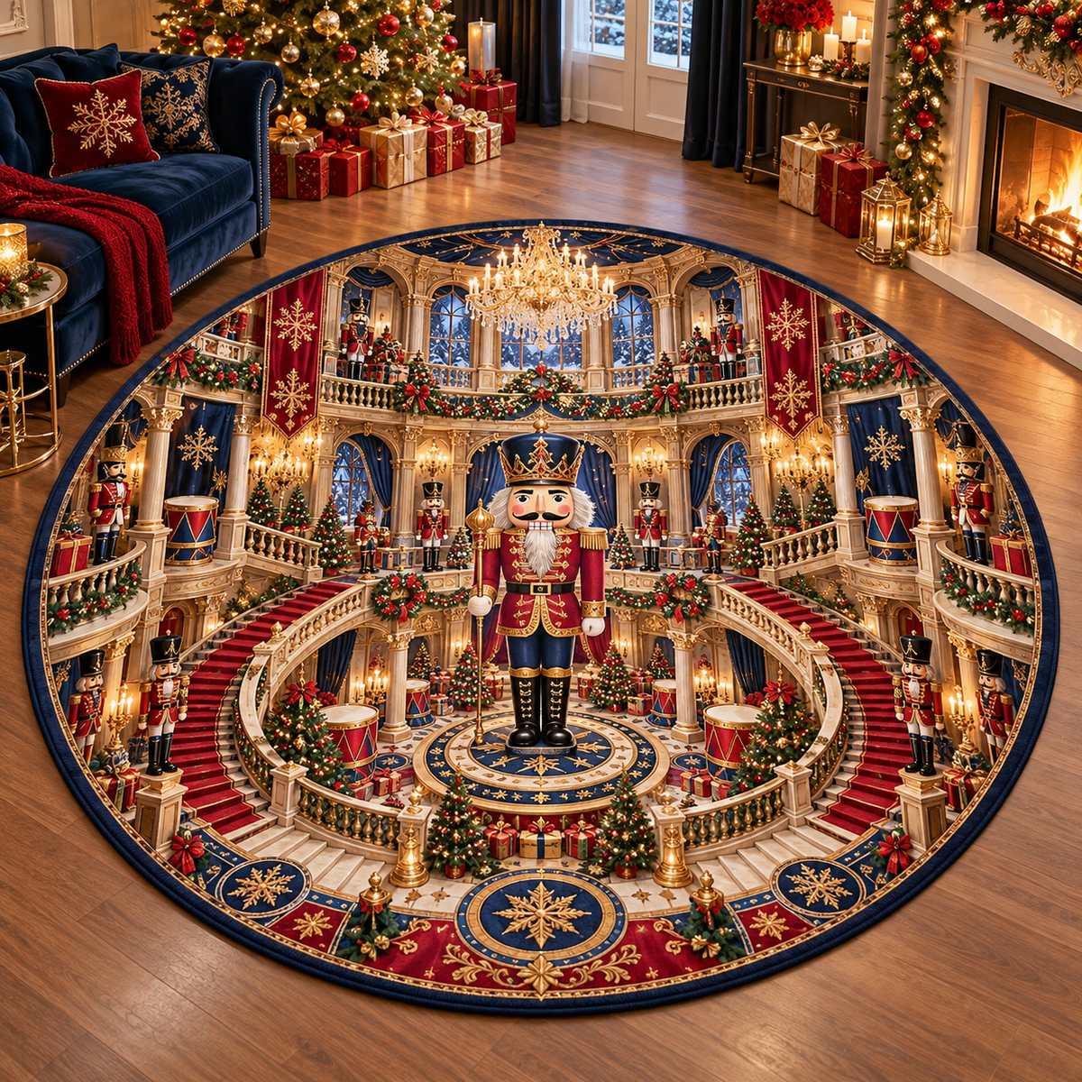 3D Nutcracker Palace Kingdom Christmas Quilted Round Rug