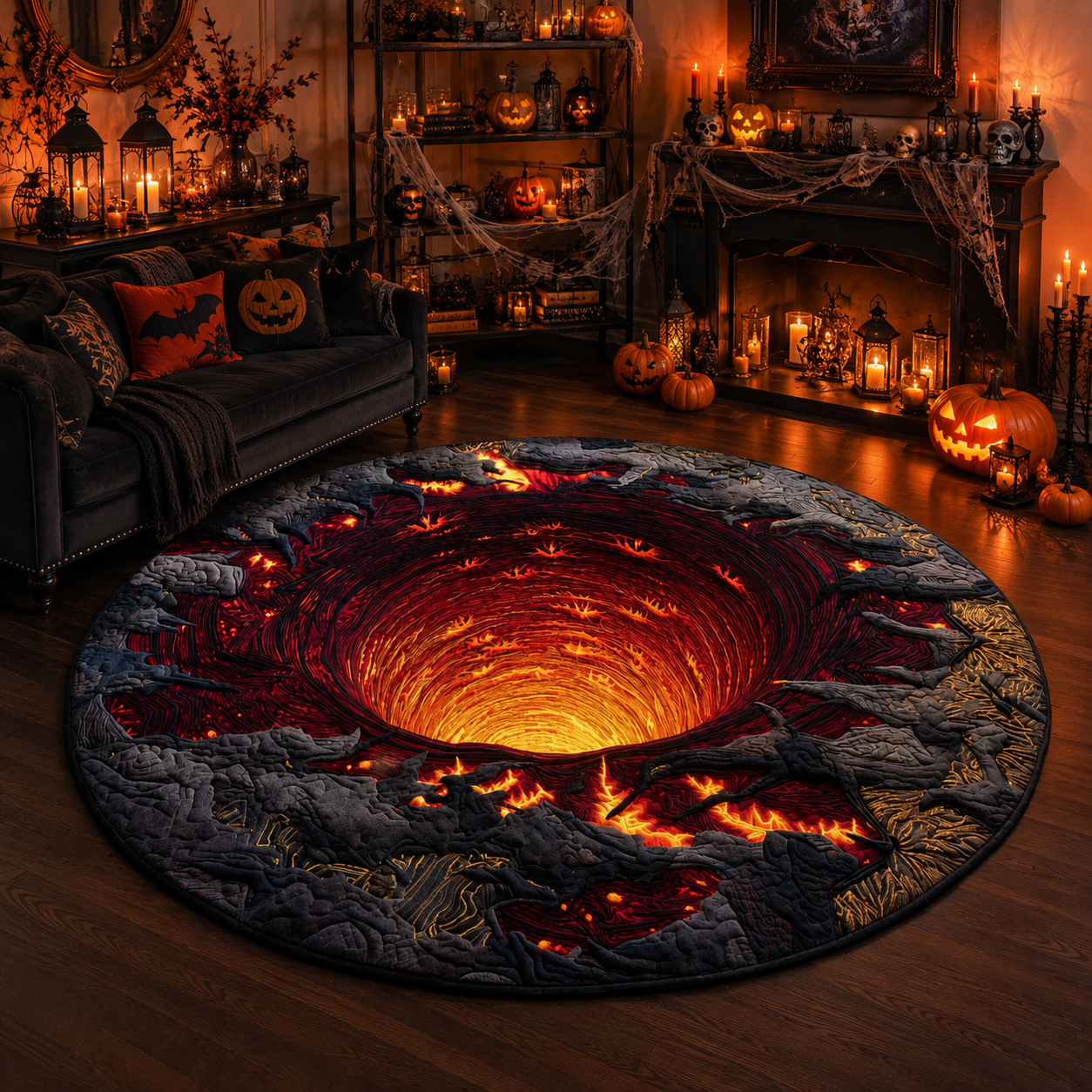 3D Optical Illusion Fiery Lava Pit Halloween Quilt Round Rug