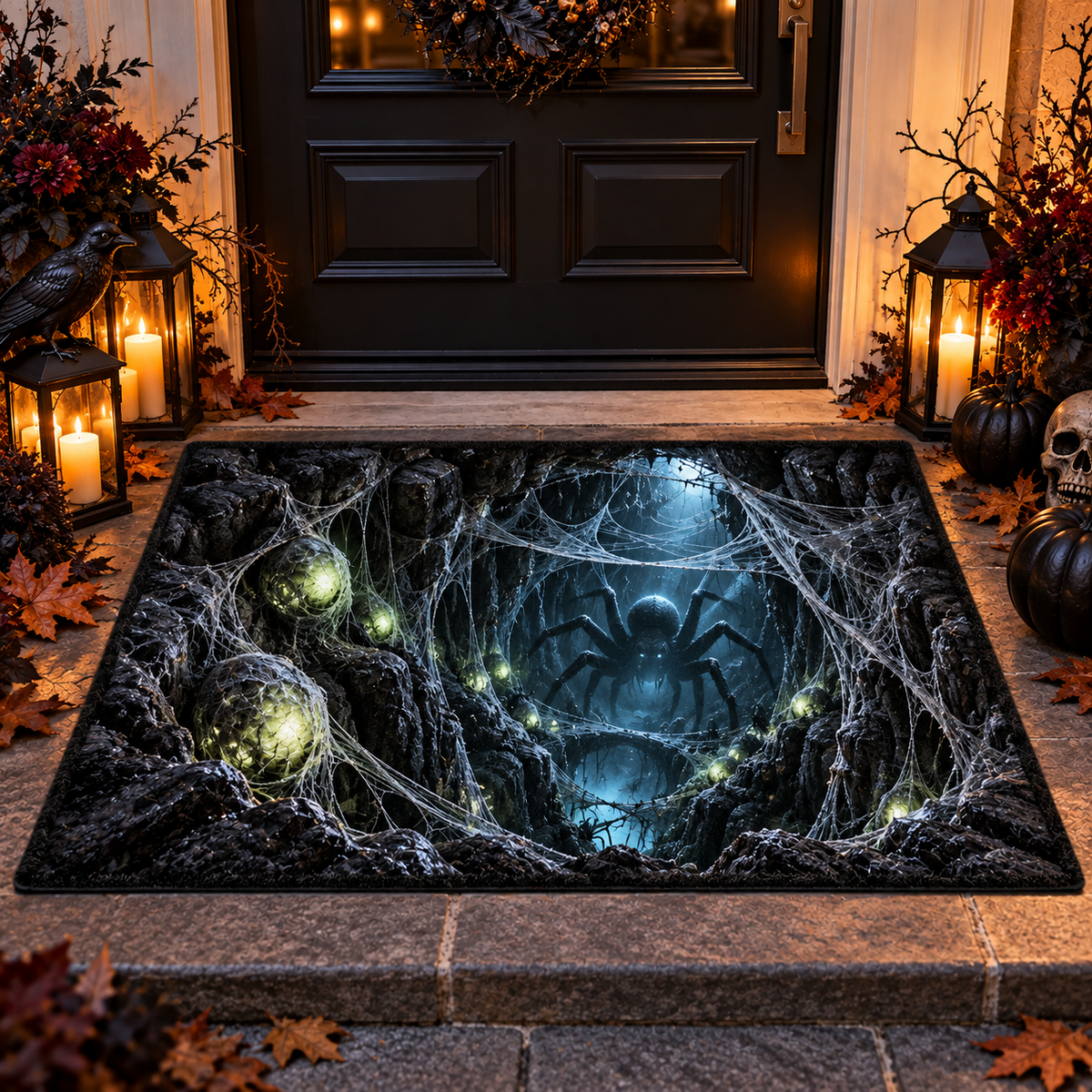 3D Optical Illusion Giant Spider Web Cave Halloween Gate Doormat