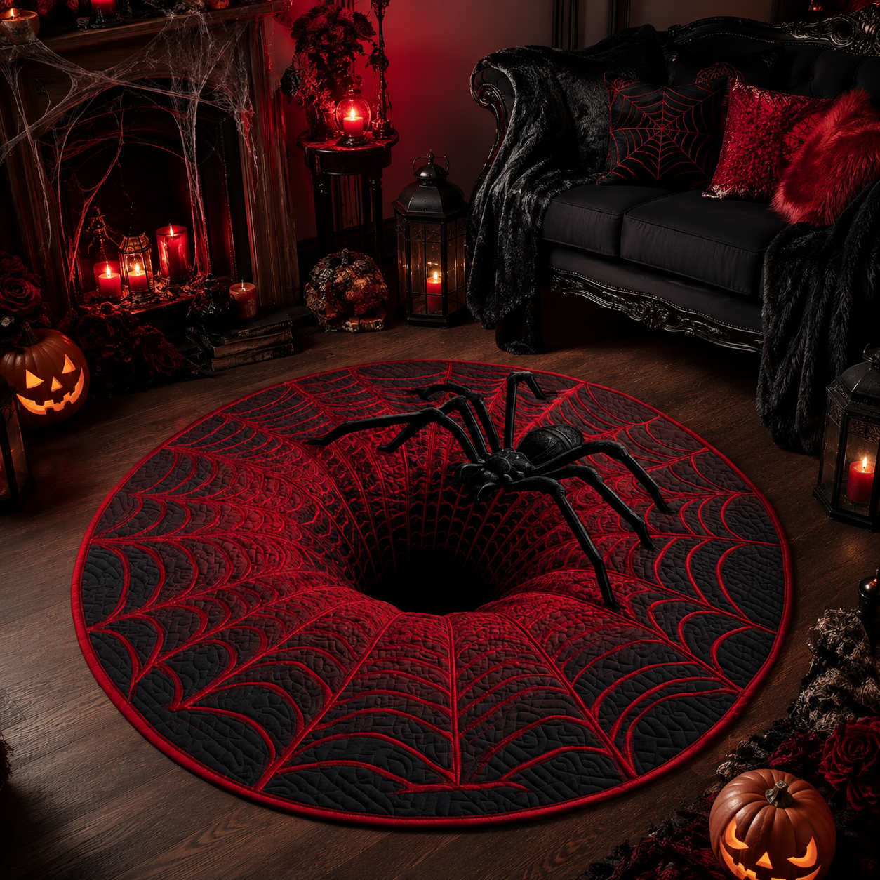 3D Optical Illusion Giant Spider Web Halloween Quilt Round Rug