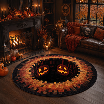 3D Optical Illusion Pixel Pumpkin Hole Halloween Quilt Round Rug