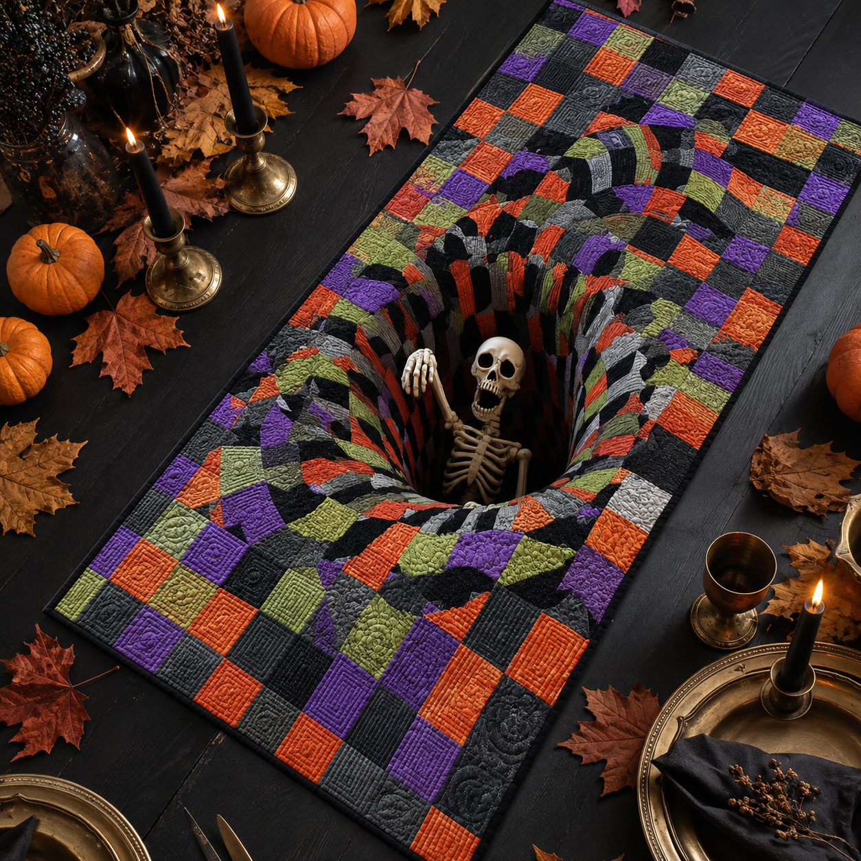3D Optical Illusion Skeleton Hole Patchwork Halloween Quilted Table Runner