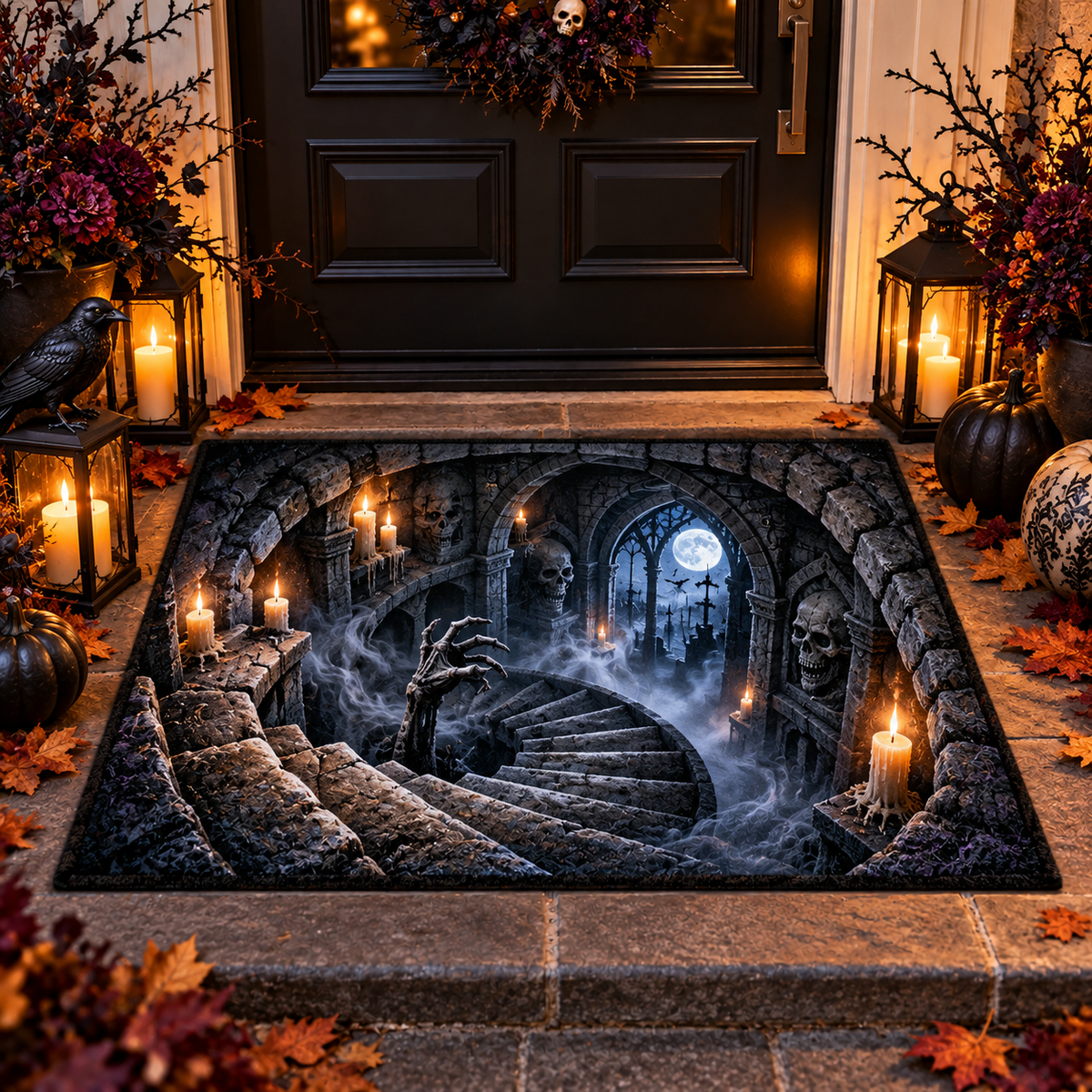 3D Optical Illusion Spooky Skeleton Halloween Gate Doormat Decor