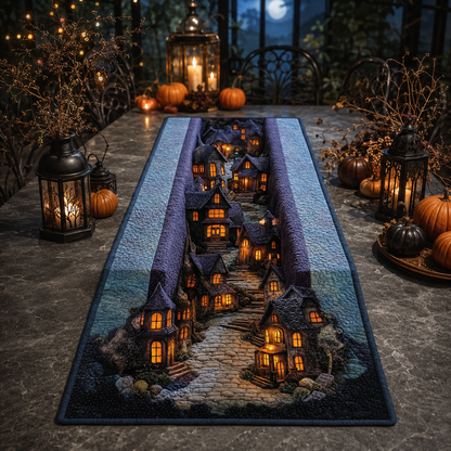 3D Optical Illusion Spooky Village Halloween Quilted Table Runner
