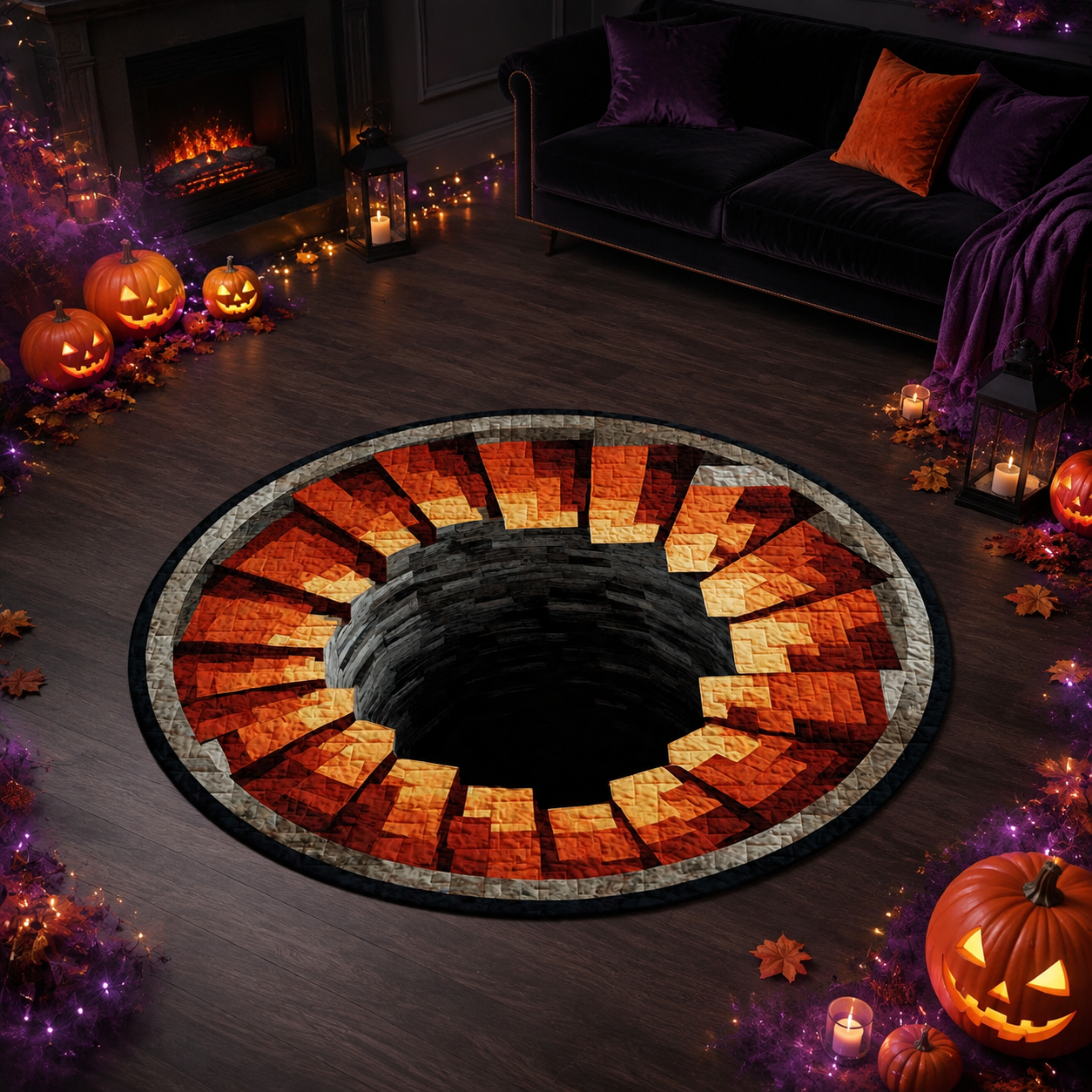 3D Orange Hole Optical Illusion Bottomless Pit Halloween Quilt Round Rug
