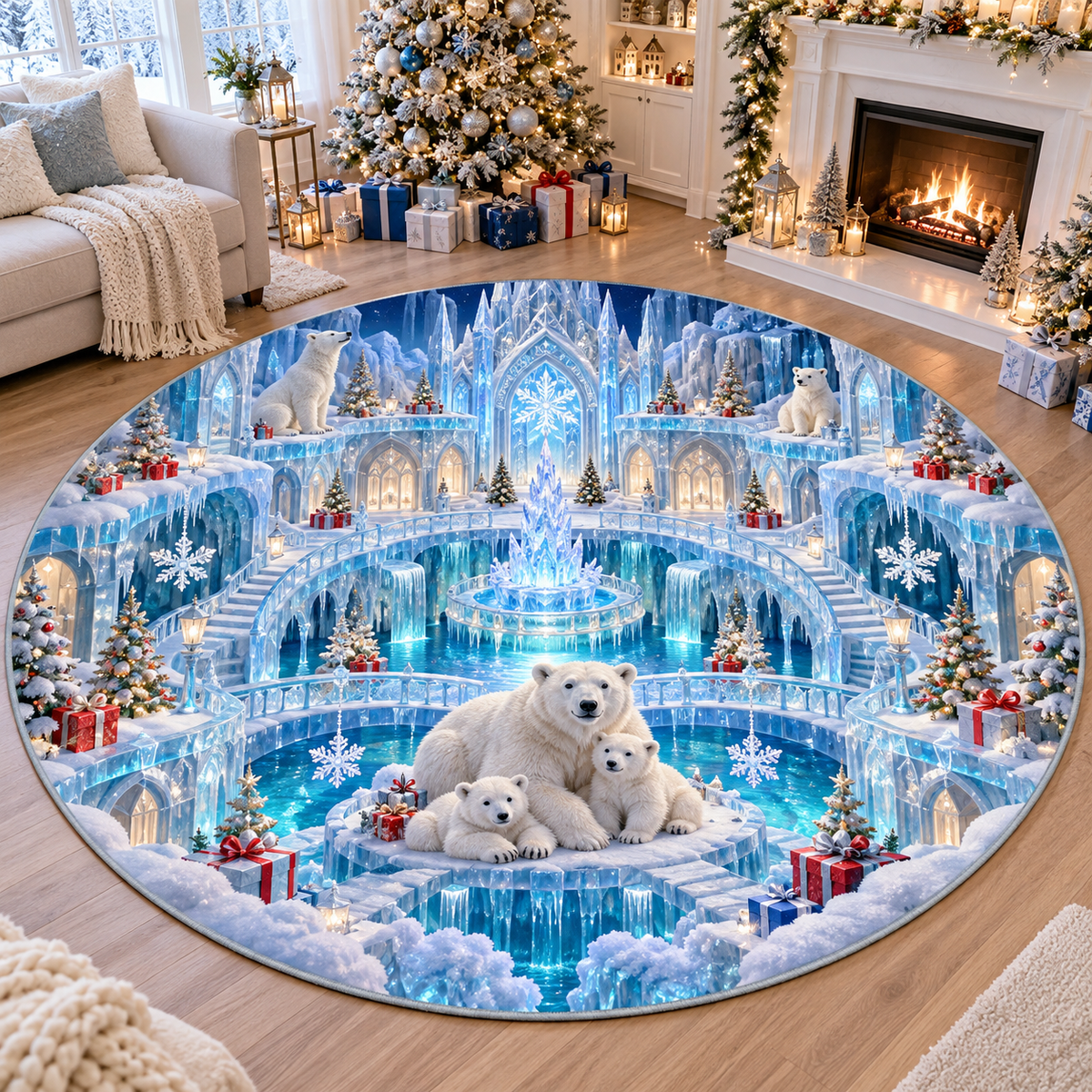 3D Polar Bear Ice Palace Christmas Quilted Round Rug