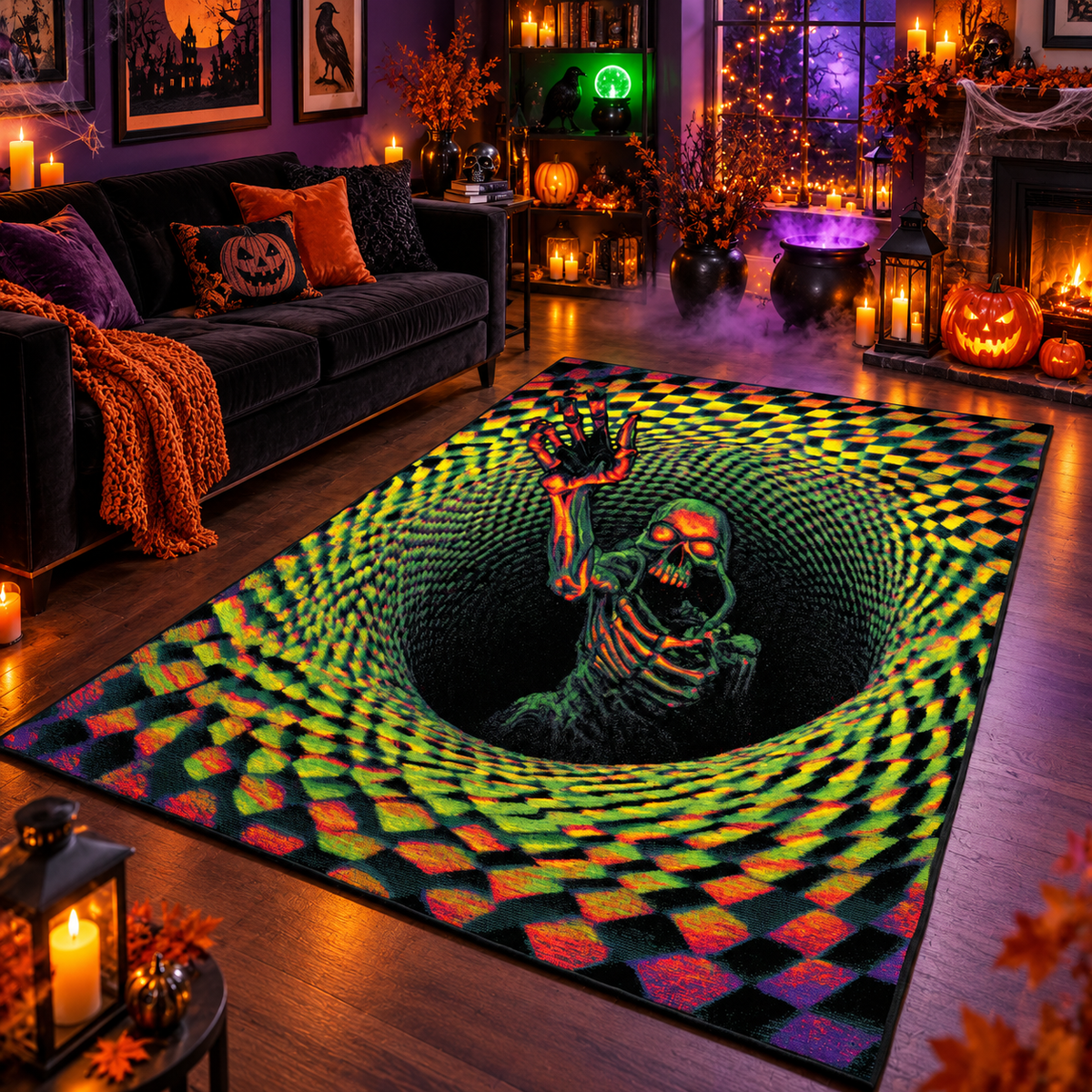 3D Psycho Skeleton Optical Halloween Area Rug