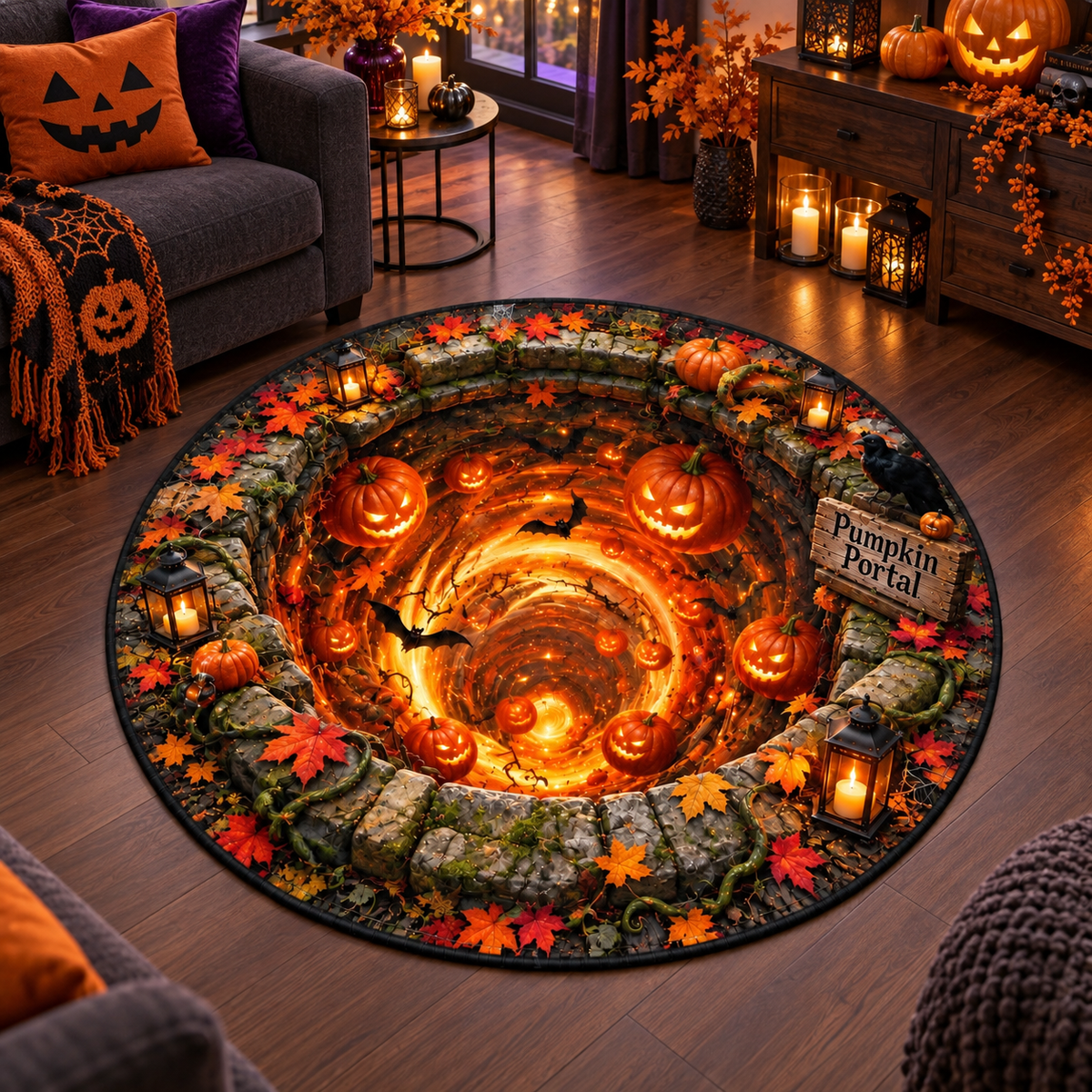 3D Pumpkin Portal Illusion Round Halloween Rug