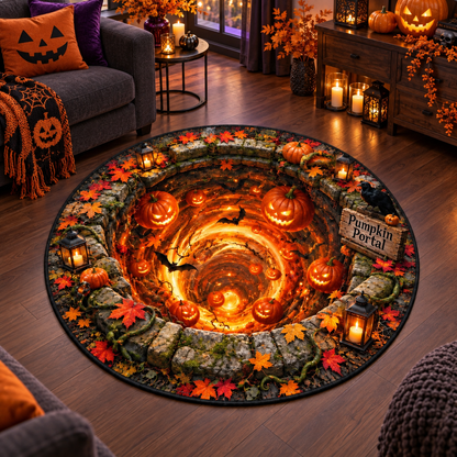 3D Pumpkin Portal Illusion Round Halloween Rug