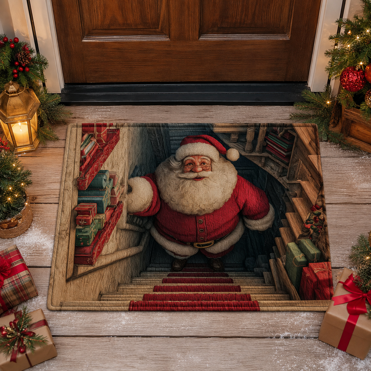3D Santa Climbing Stairs Optical Illusion Christmas Gate Doormat