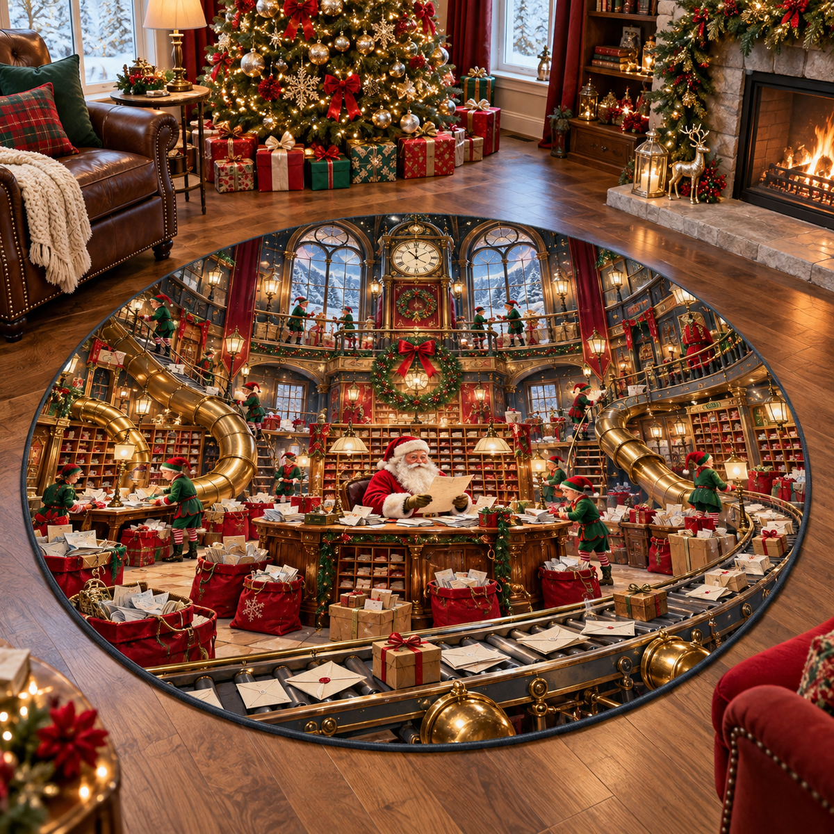3D Santa North Pole Workshop Mailroom Christmas Quilted Round Rug