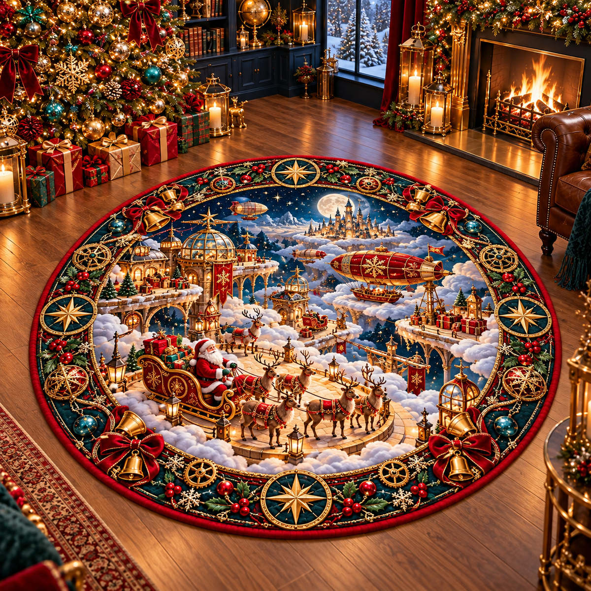 3D Santa Sleigh Cloud Harbor Christmas Quilted Round Rug