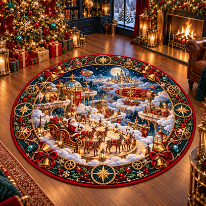 3D Santa Sleigh Cloud Harbor Christmas Quilted Round Rug