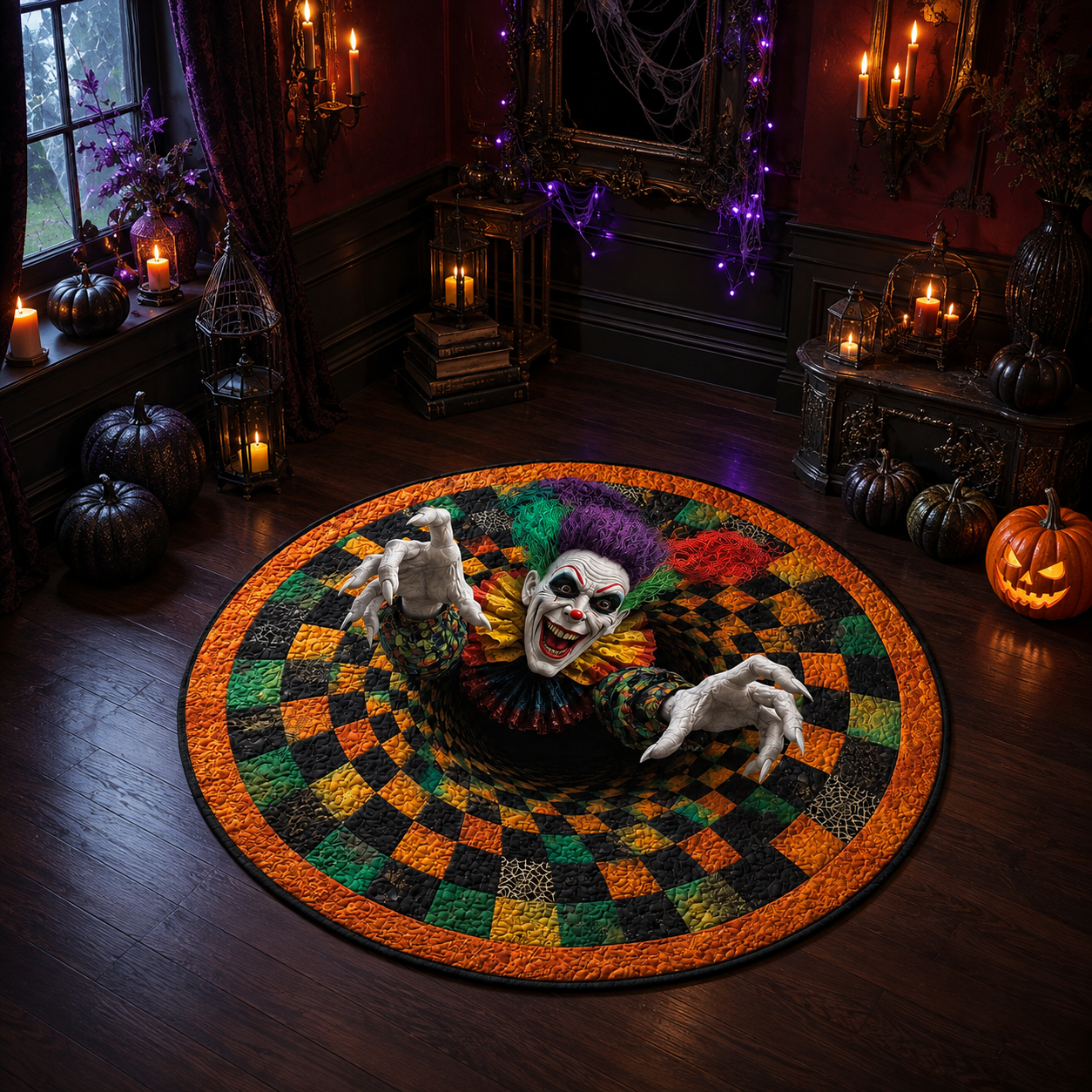 3D Scary Evil Clown Emerging Vortex Pit Halloween Quilt Round Rug