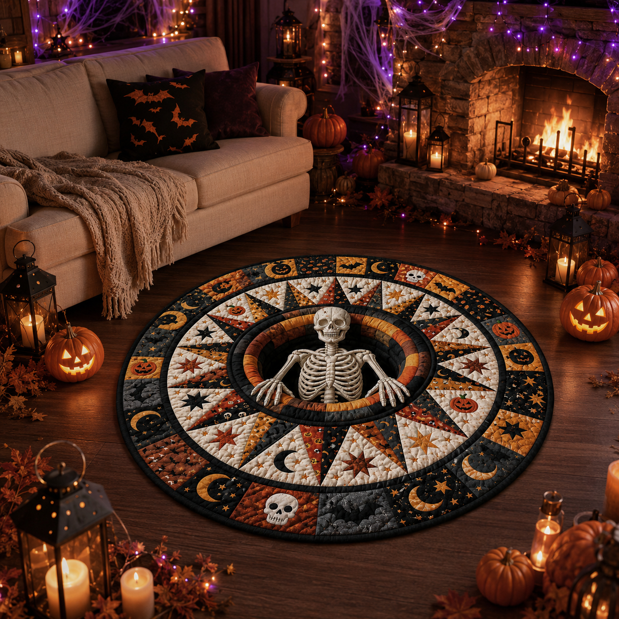 3D Skeleton Emerging Patchwork Star Halloween Quilt Round Rug