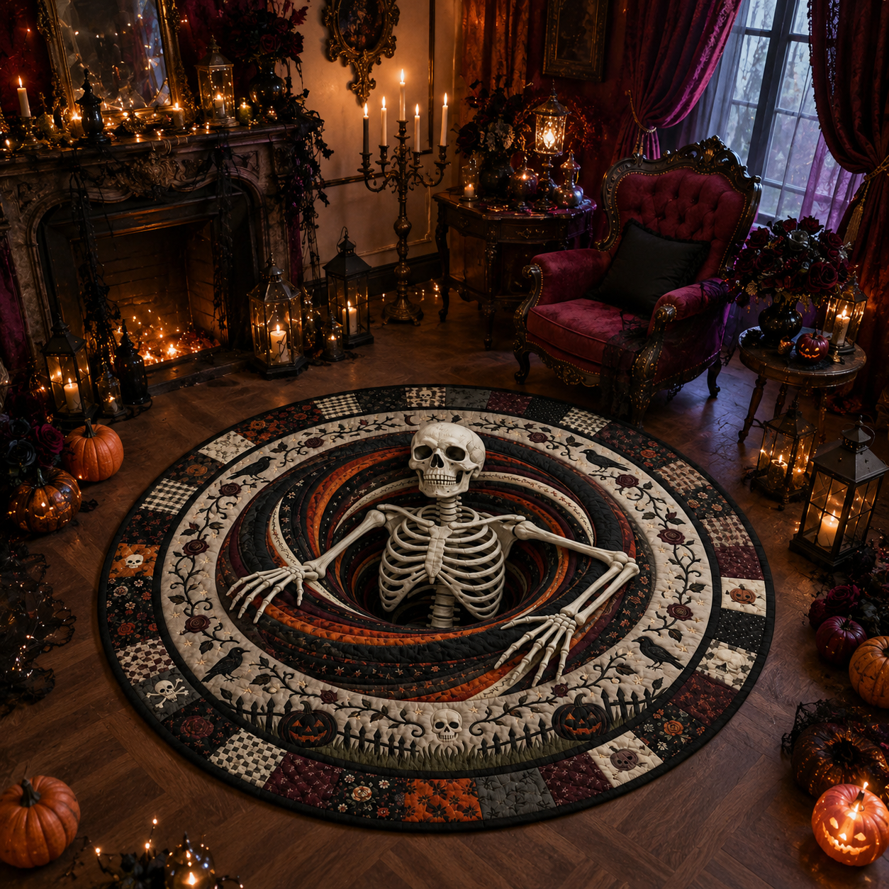 3D Skeleton Emerging Spiral Pit Halloween Quilt Round Rug
