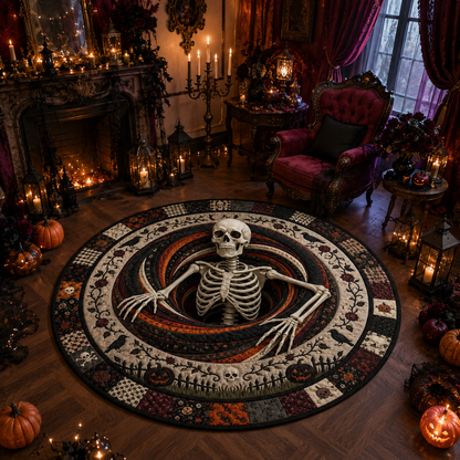 3D Skeleton Emerging Spiral Pit Halloween Quilt Round Rug