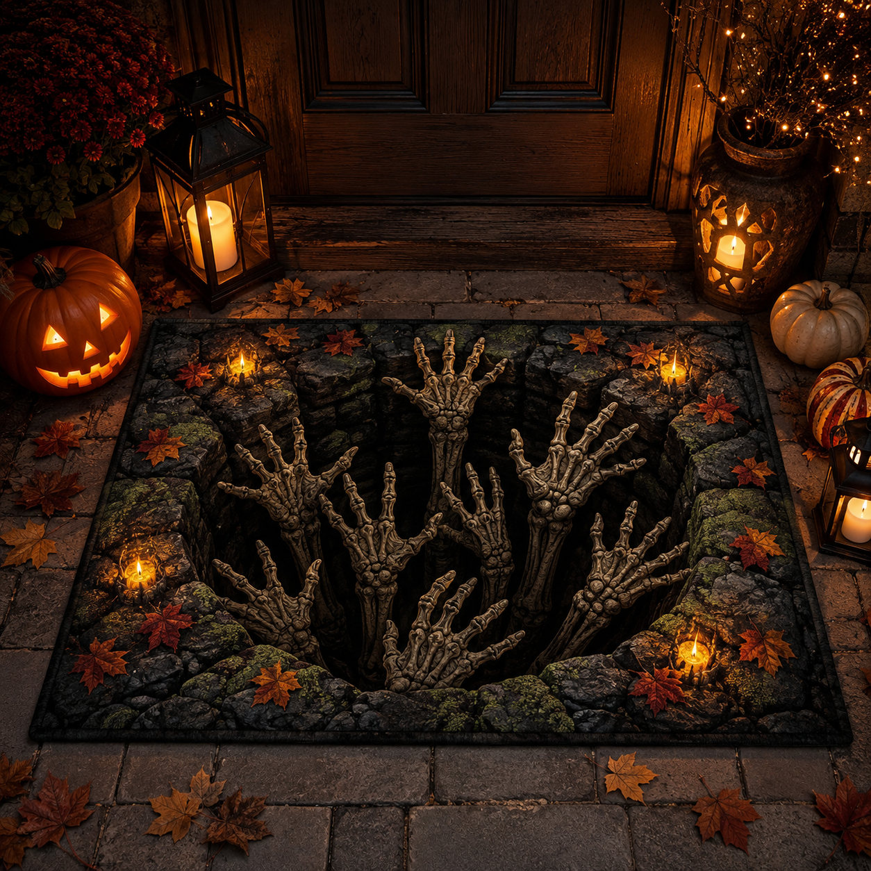 3D Skeleton Hands Pit Optical Illusion Halloween Gate Doormat