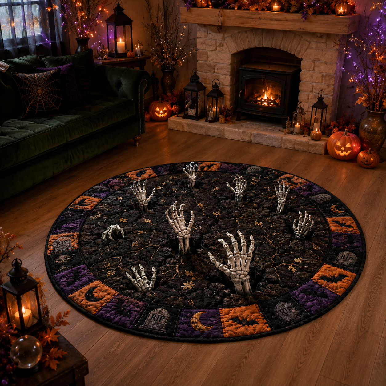 3D Skeleton Hands Rising Ground Graveyard Halloween Quilt Round Rug