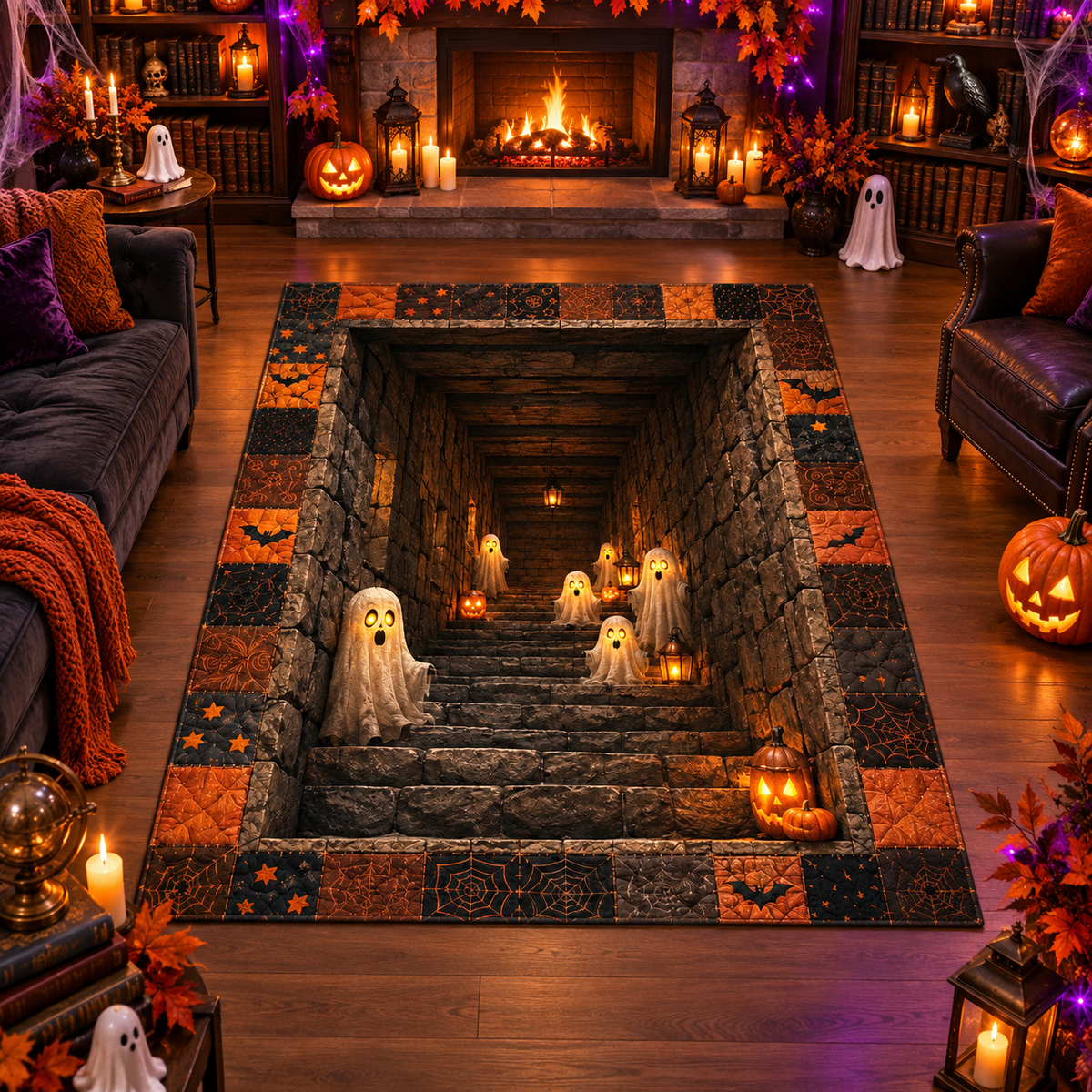 3D Spooky Ghost Stairs Halloween Area Rug