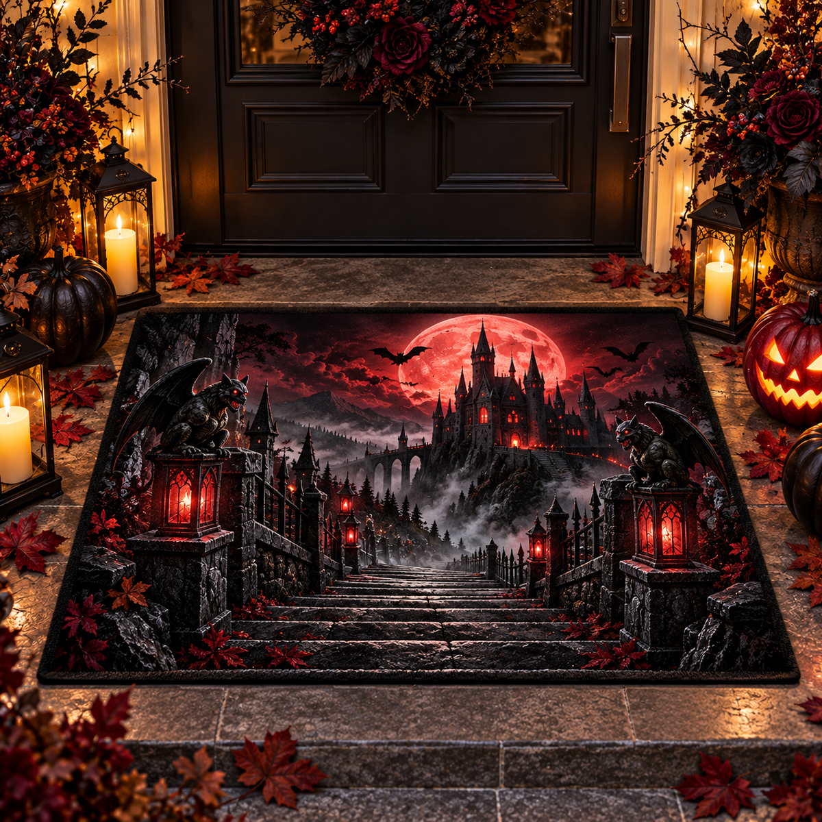 3D Vampire Castle Gargoyle Red Moon Halloween Gate Doormat Entry Mat