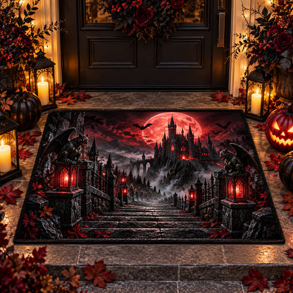 3D Vampire Castle Gargoyle Red Moon Halloween Gate Doormat Entry Mat
