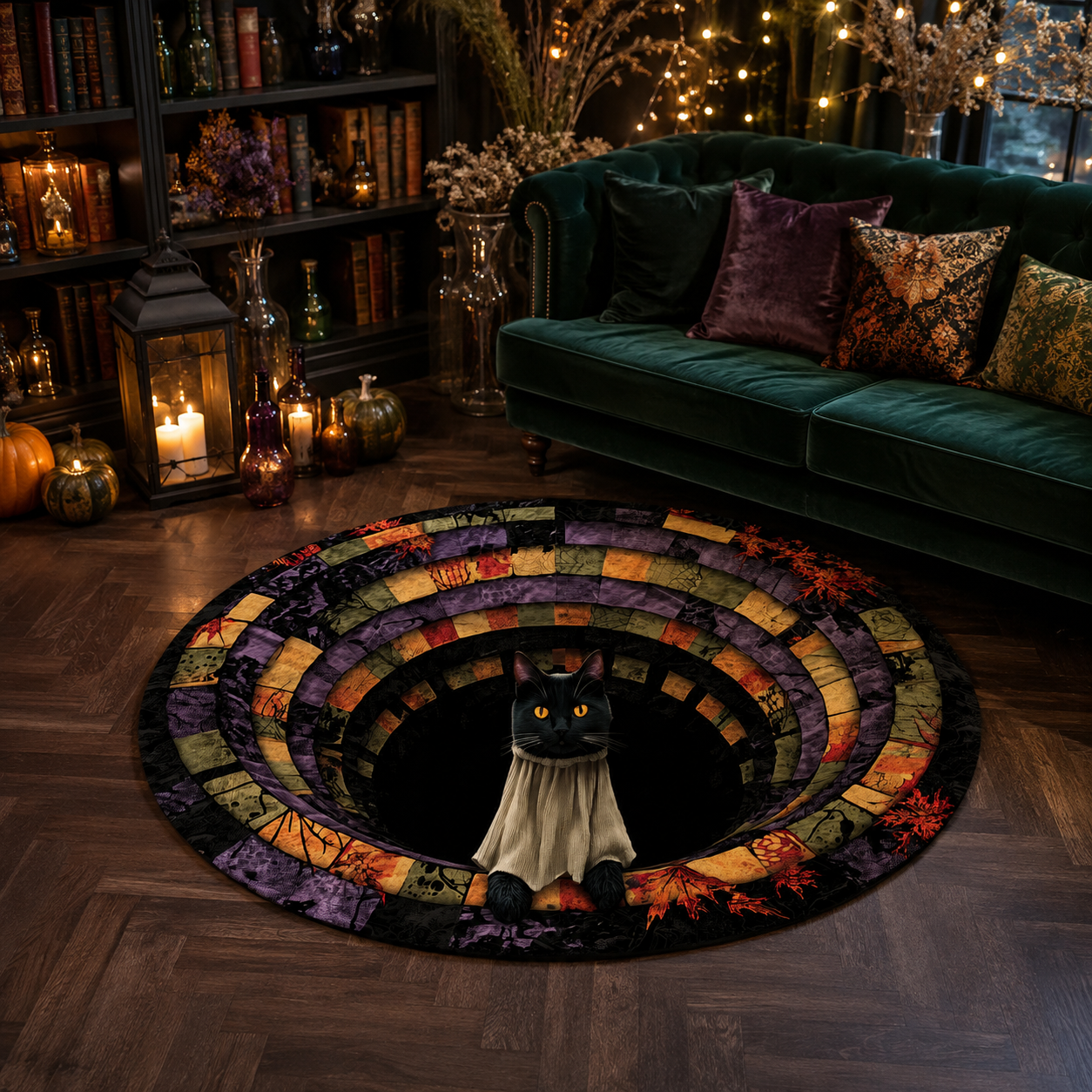 3D Vortex Black Cat Ghost Optical Illusion Halloween Quilt Round Rug