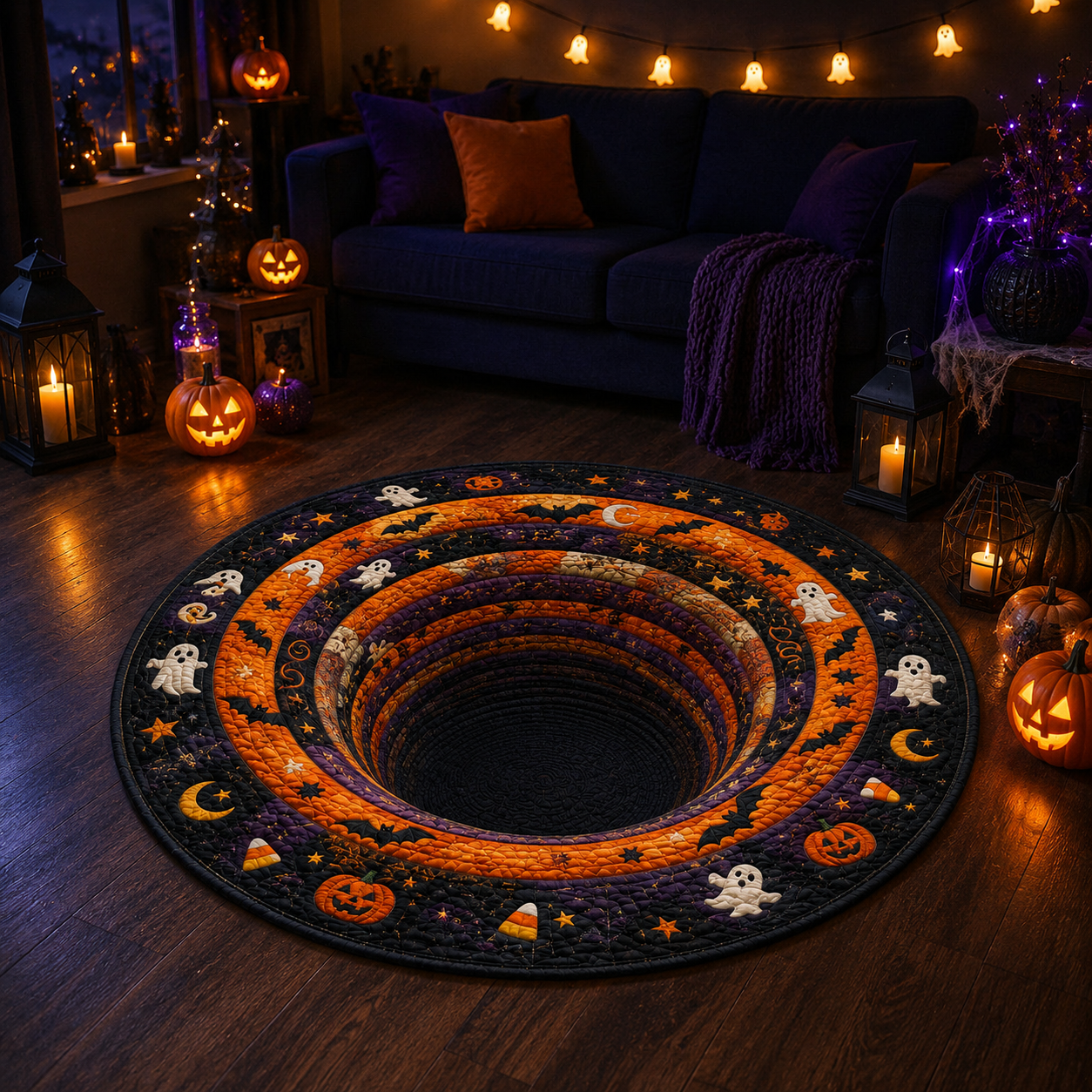 3D Vortex Bottomless Pit Ghosts & Pumpkins Halloween Quilt Round Rug